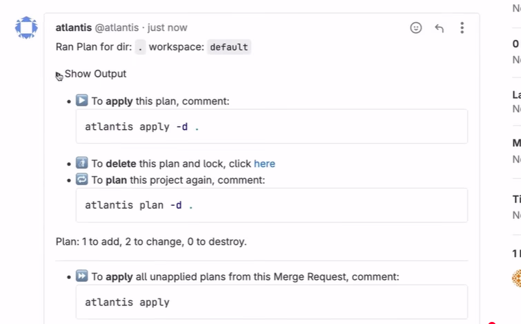 GitLab merge request showing a Terraform code change handled by Atlantis