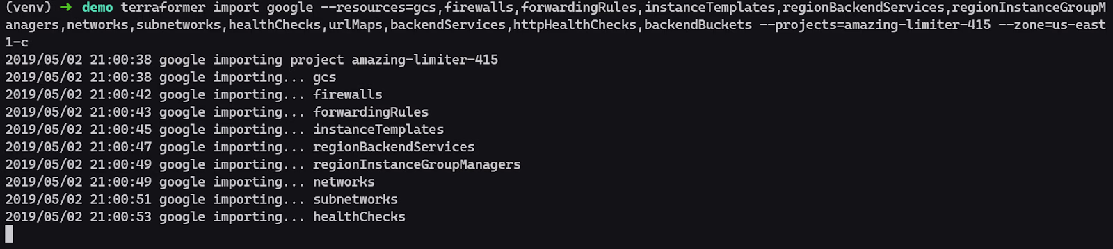 Terminal Terraformer output importing existing cloud resources into Terraform configuration