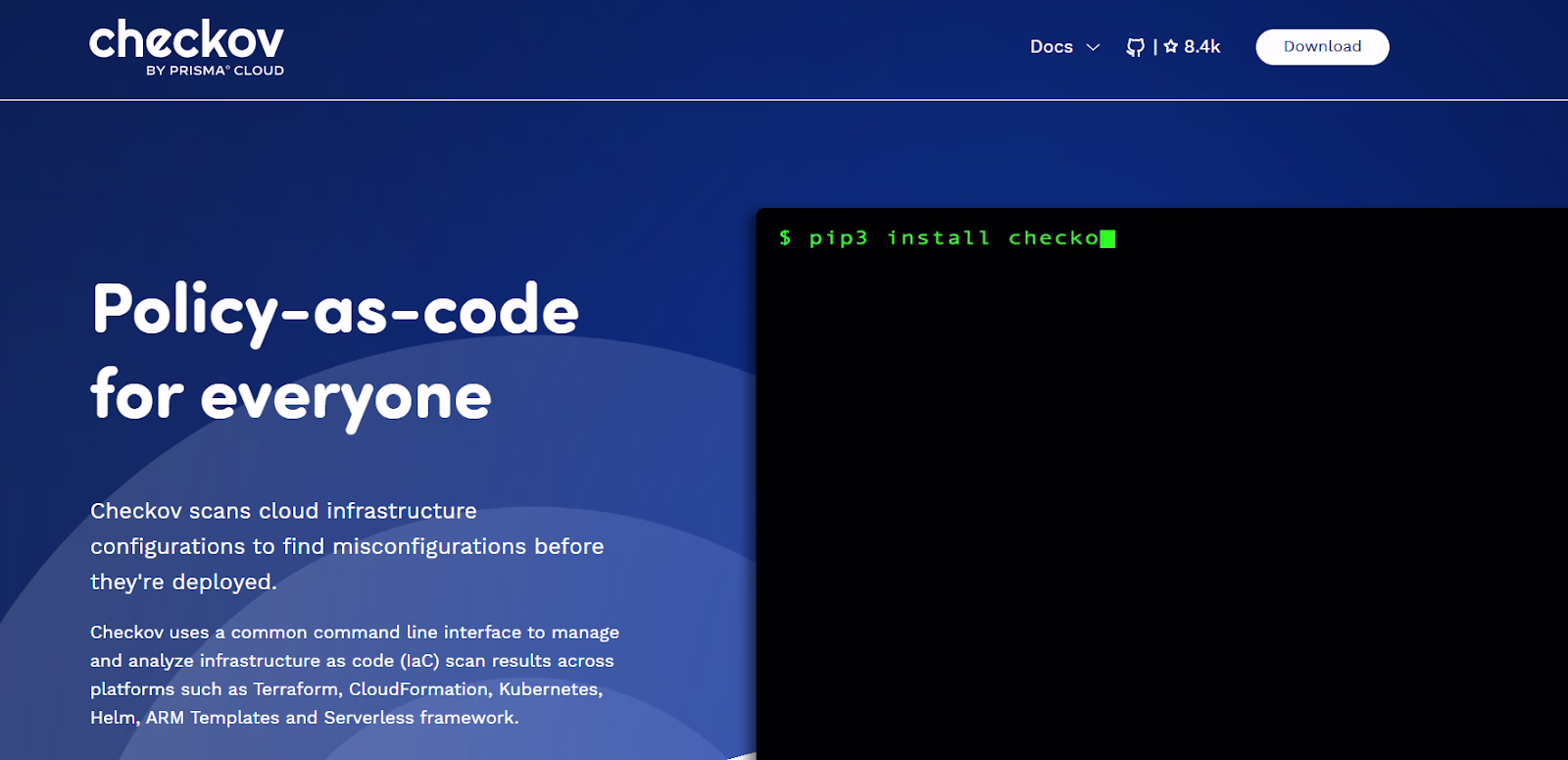 Checkov page headline Policy-as-code for everyone with a pip install command in a terminal