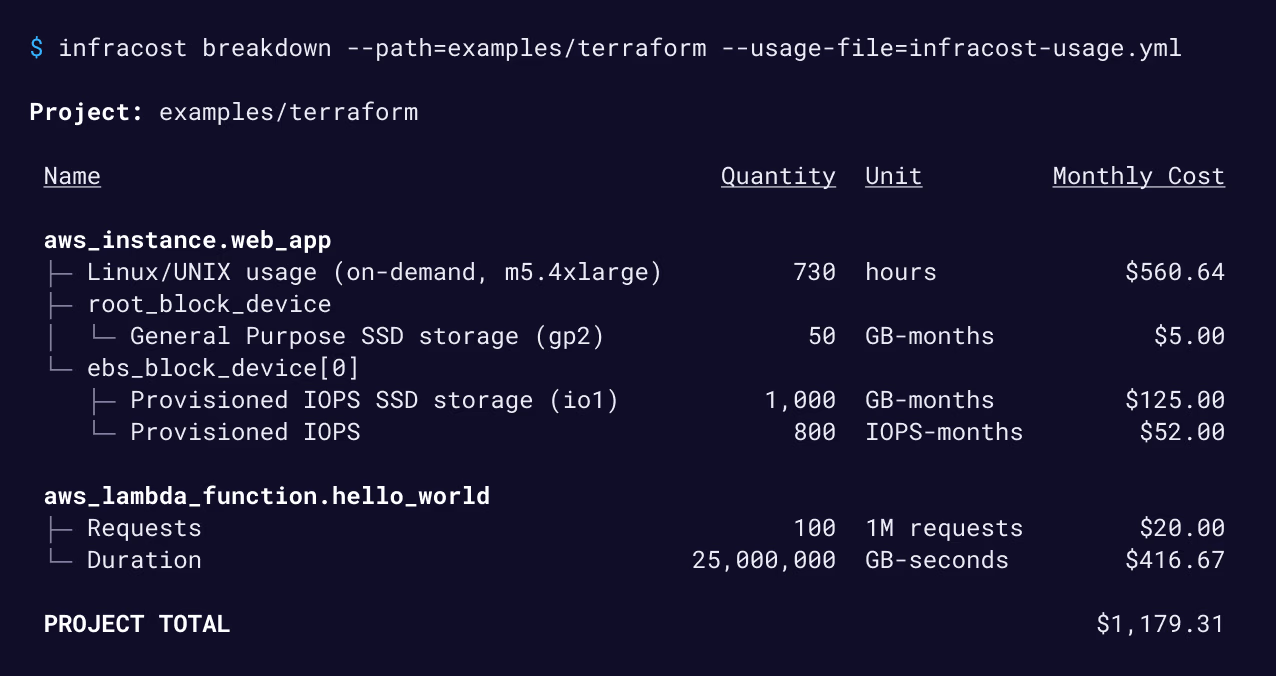 Terminal Infracost breakdown estimating monthly cloud costs for an aws_instance web_app