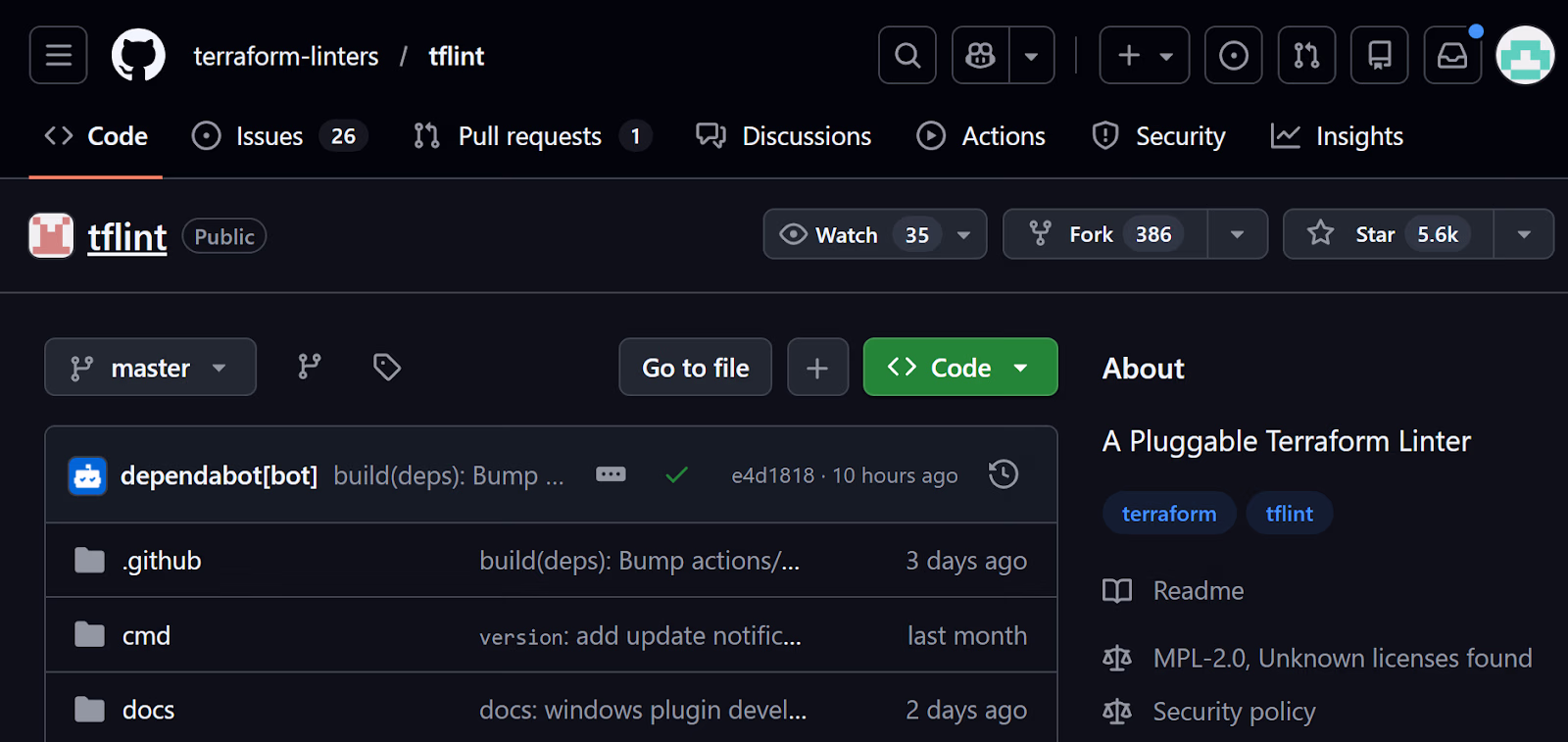 TFLint GitHub repository page described as a pluggable Terraform linter