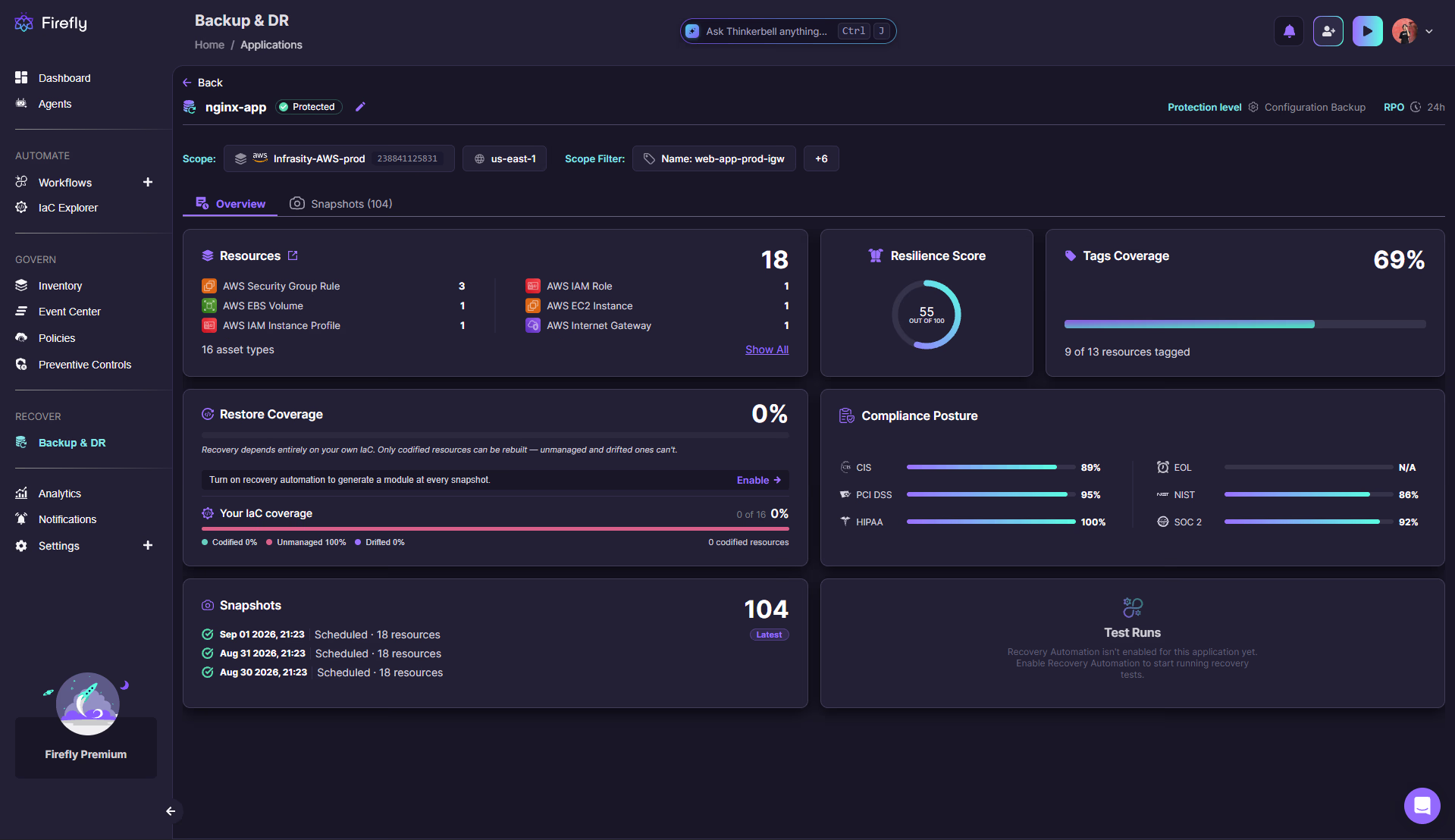 Firefly Backup & DR dashboard showing immutable IaC snapshot recovery
