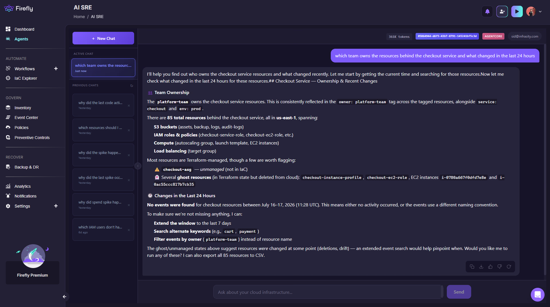 Screenshot of Firefly's AI SRE chat answering a query about which team owns the checkout service resources and whether anything changed in the last 24 hours