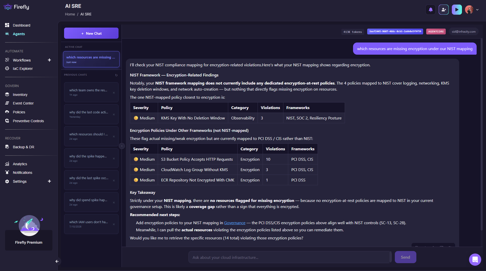 Firefly AI SRE chat listing resources missing encryption under NIST