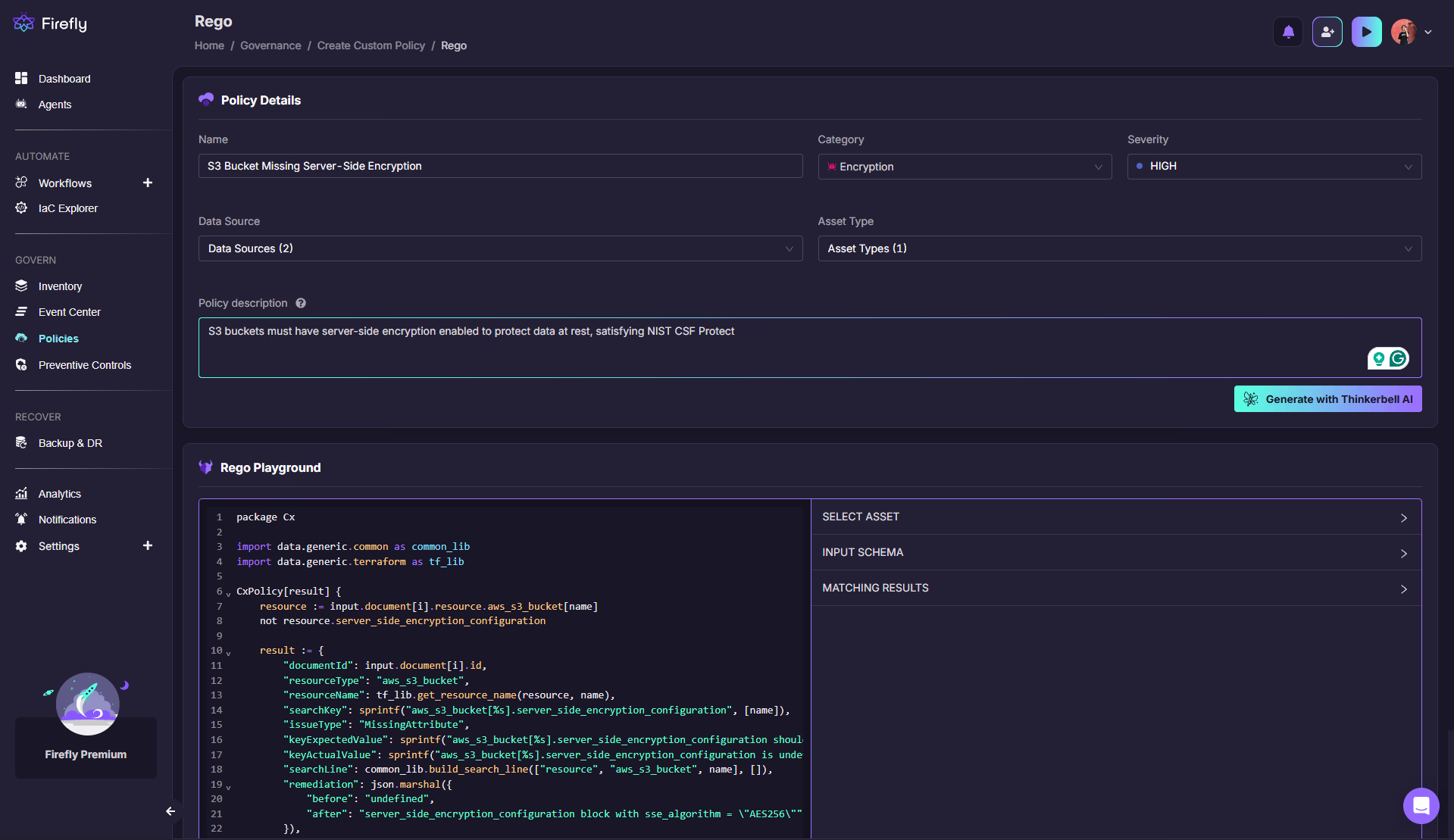 Firefly Rego Playground showing an S3 encryption policy and code editor