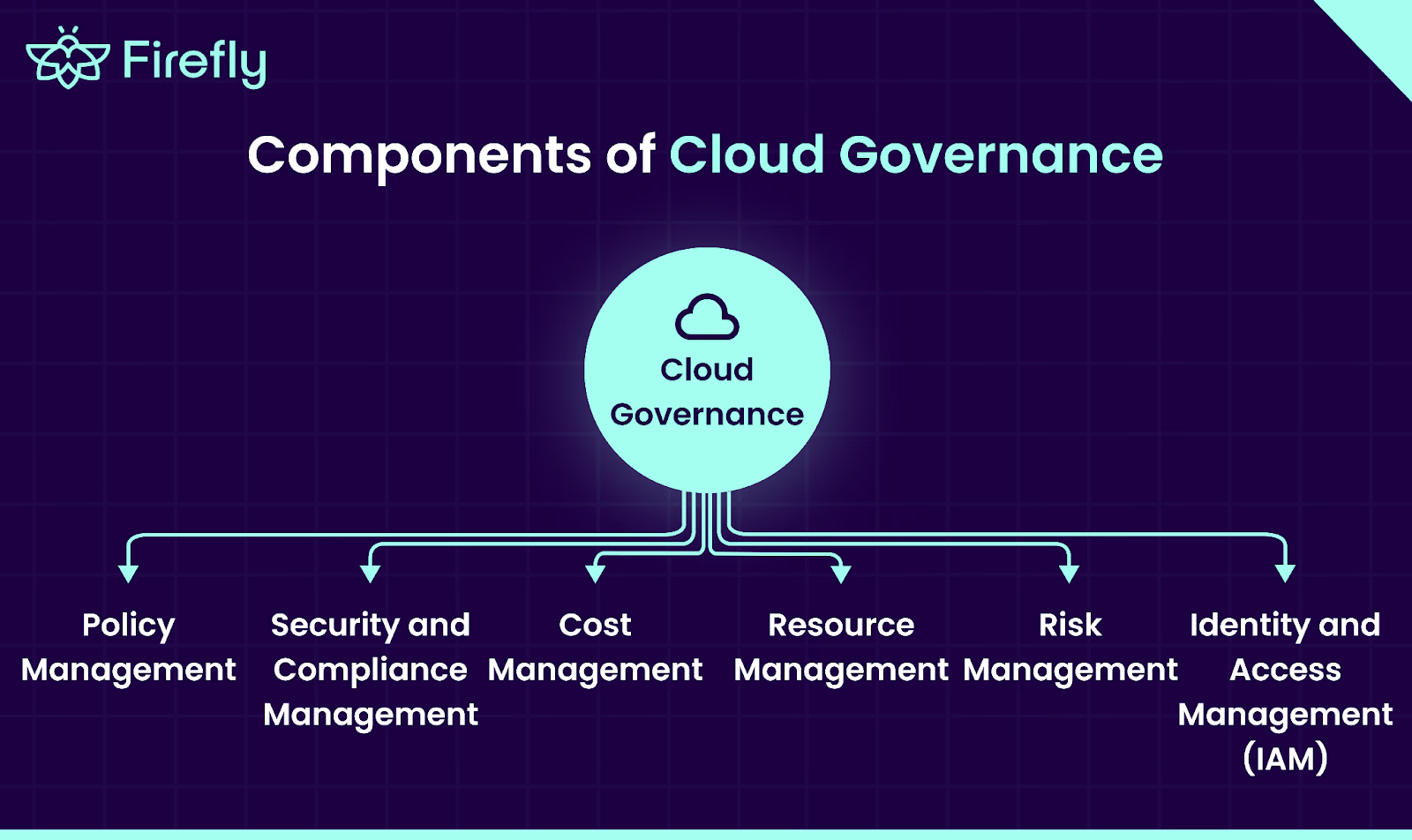Diagram of cloud governance components: policy, security and compliance, cost, resource, risk management and IAM