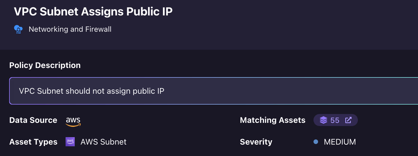 Firefly security risk detail for a VPC subnet with medium severity