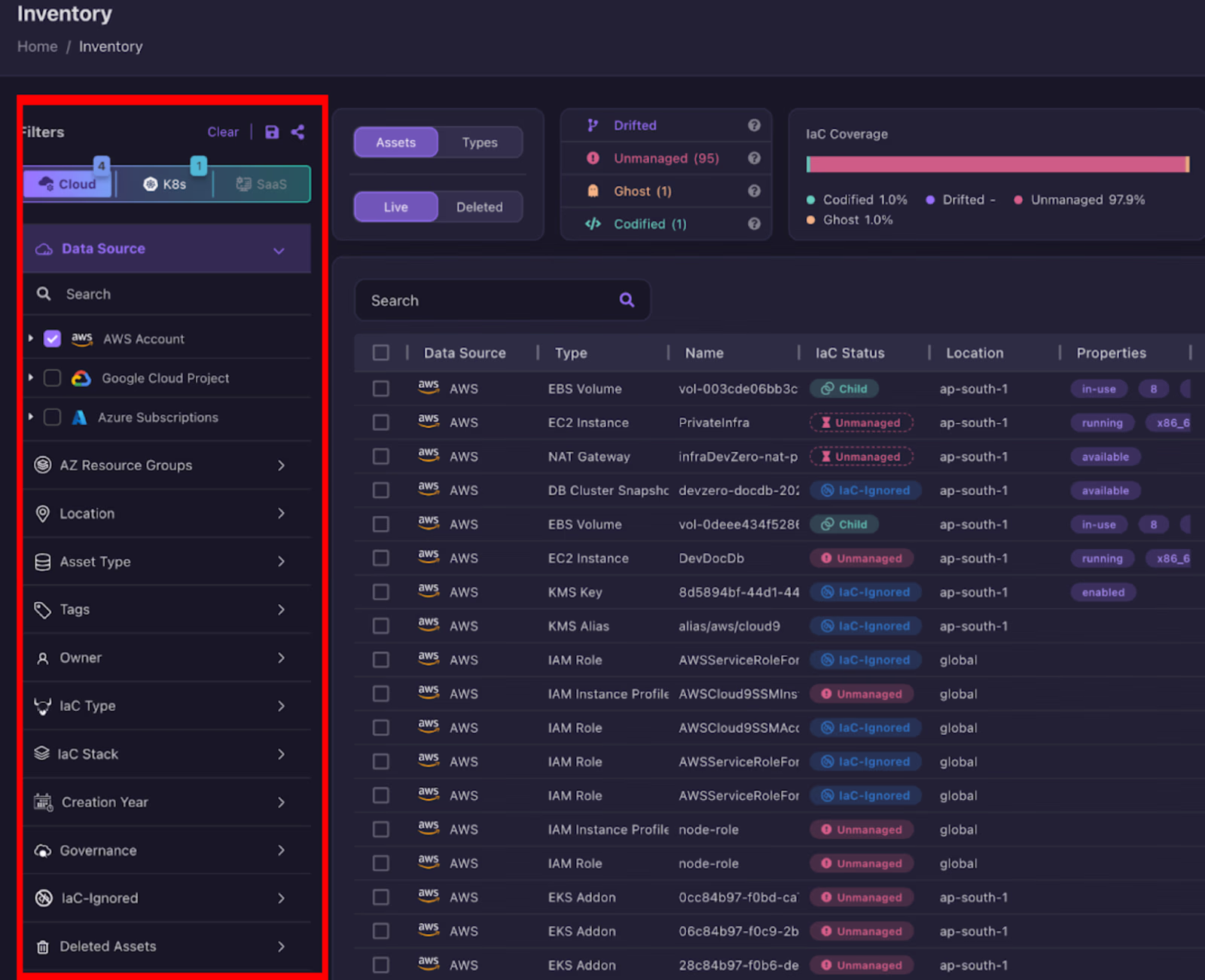 Firefly Inventory showing data source, location and asset details across clouds