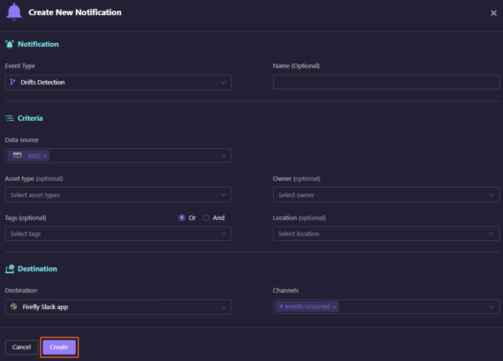 Firefly Create Notification dialog with Drift Detection event type