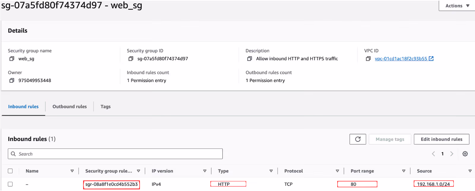Screenshot of AWS Console showing the web_sg security group inbound rule restricted to 192.168.1.0/24