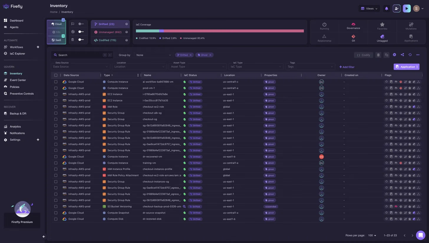 Screenshot of Firefly's inventory table filtered to show drifted resources across AWS and Google Cloud accounts