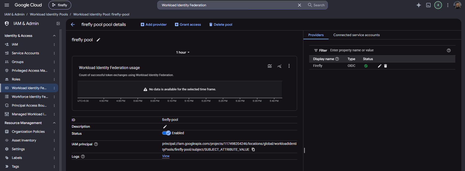 Flowchart of the token exchange process: Firefly issues a short-lived OIDC token, Google Cloud validates it, exchanges it for temporary credentials, and the runner impersonates the service account until the run finishes