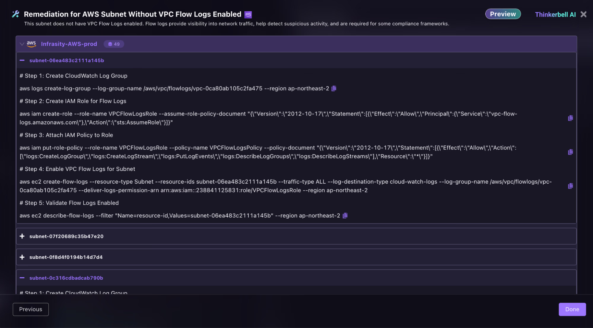 Screenshot of the Firefly Cloud Patch remediation output for subnet-06ea483c2111a145b in ap-northeast-2, displaying five sequential AWS CLI commands covering CloudWatch Log Group creation, IAM role setup, policy attachment, VPC Flow Logs enablement, and validation via aws ec2 describe-flow-logs.