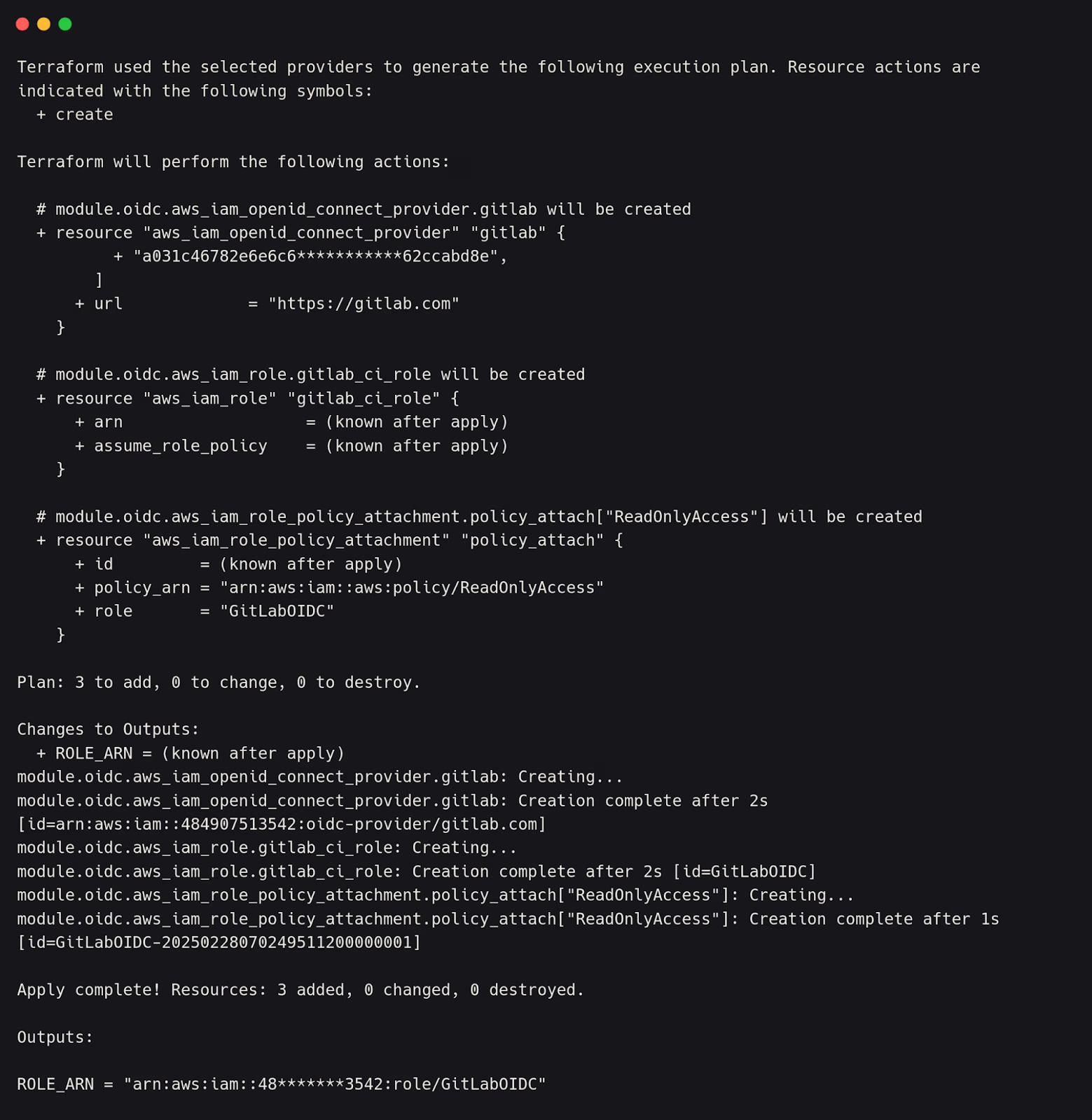 Terminal terraform plan output creating an AWS IAM OpenID Connect provider for gitlab.com and a gitlab_ci_role IAM role