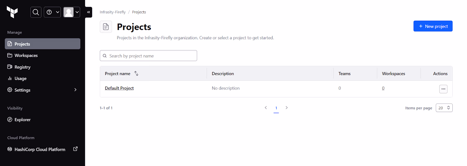 Terraform Cloud Projects page for the Infrasity-Firefly organization