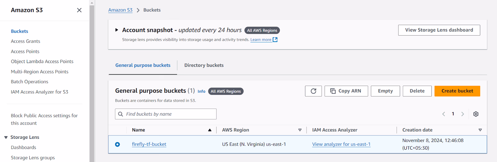 AWS S3 console Buckets list showing firefly-tf-bucket in US East N. Virginia
