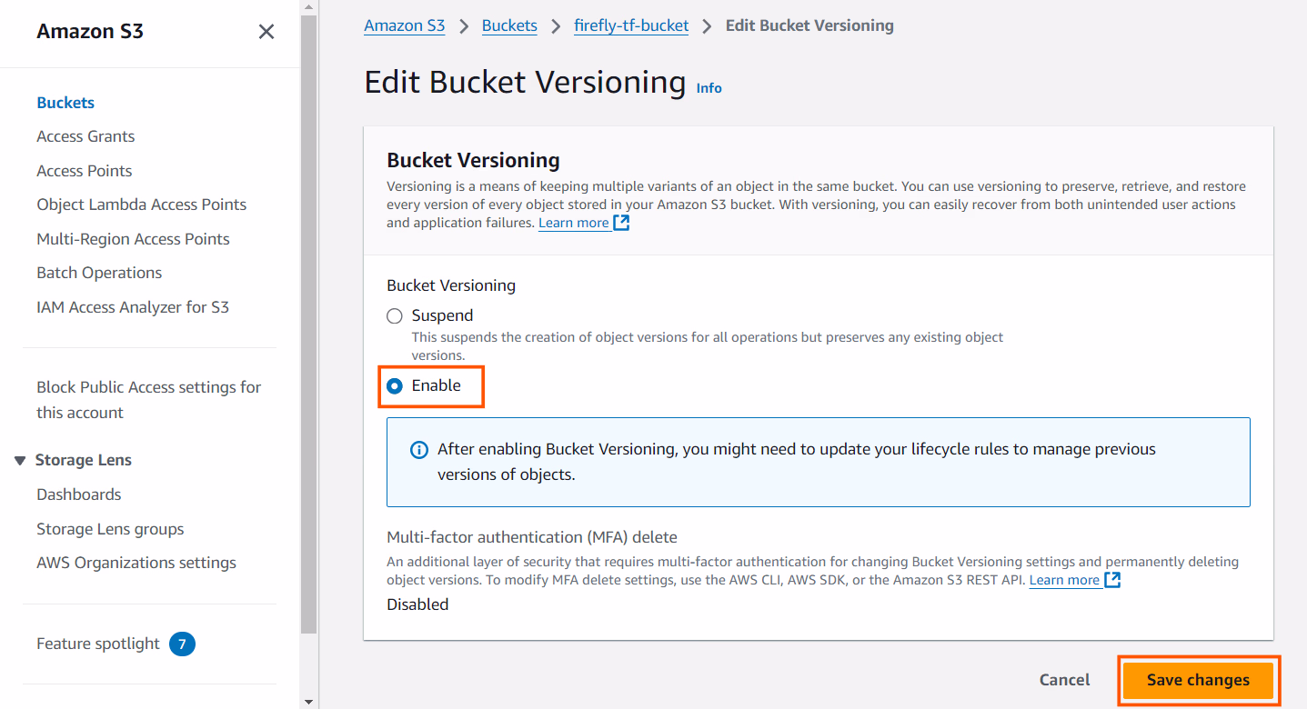AWS S3 Edit Bucket Versioning page with Enable selected for firefly-tf-bucket