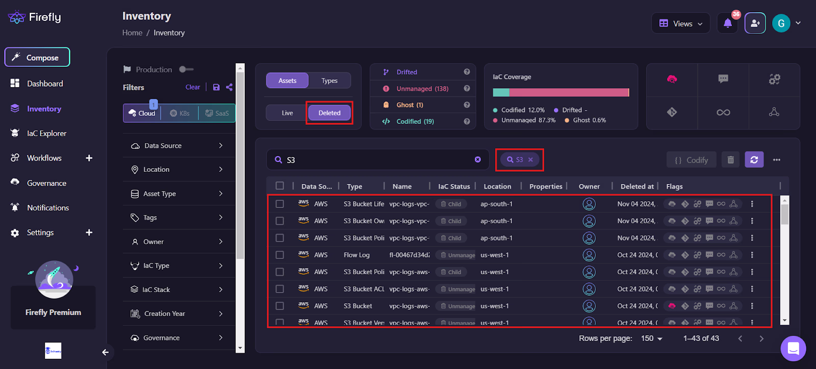 Firefly Inventory filtered to deleted S3 buckets showing IaC status