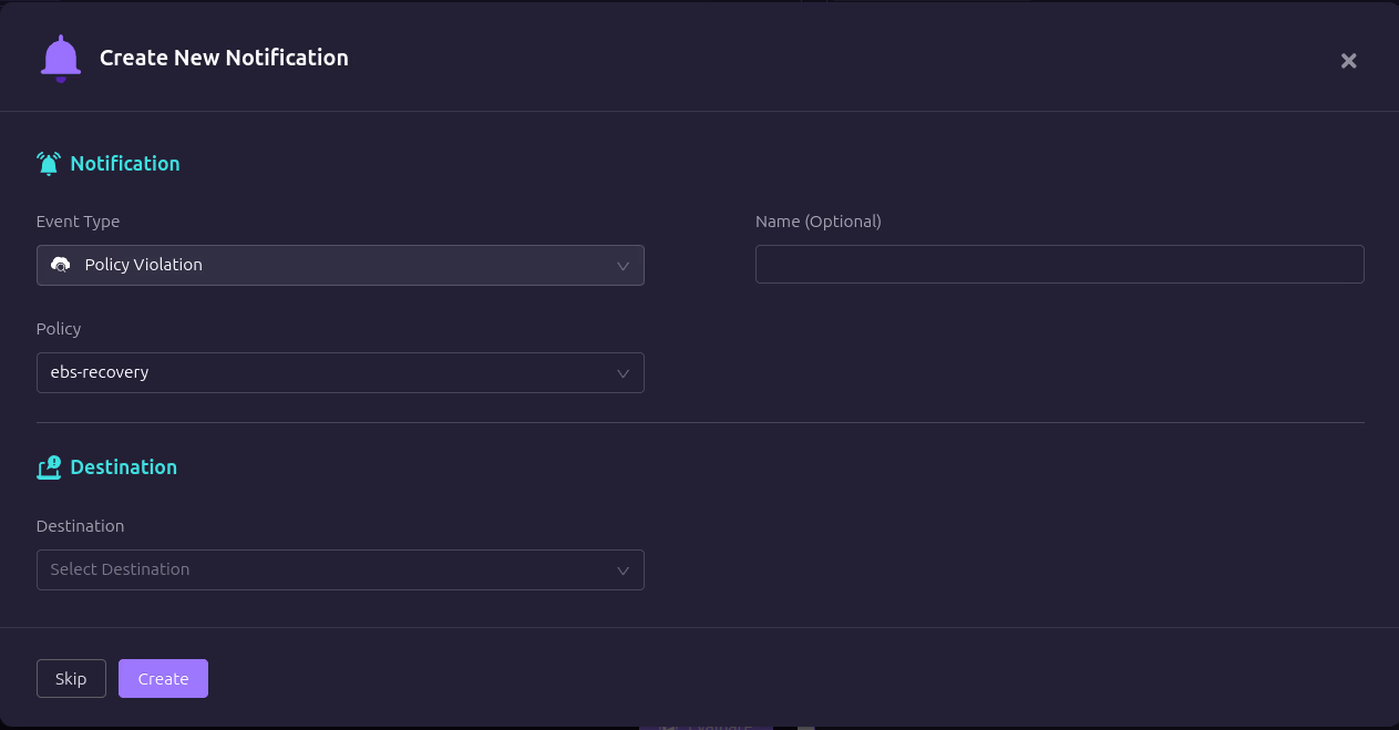 Firefly policy notification destination configuration (email or Slack)