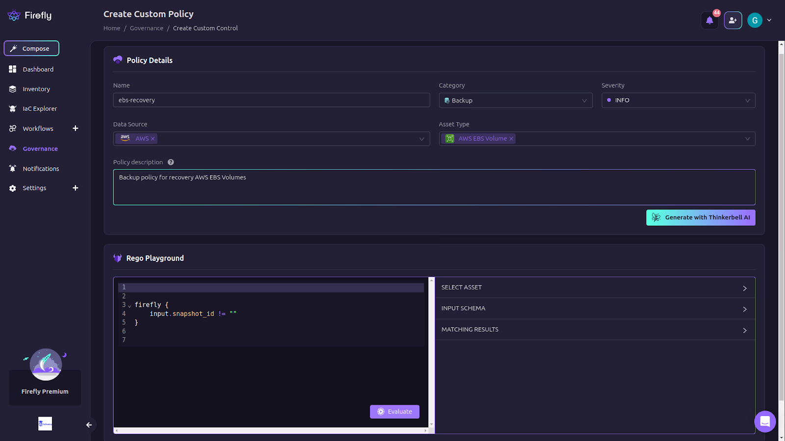 Firefly Create Custom Policy screen with policy details and a Rego Playground for a backup rule