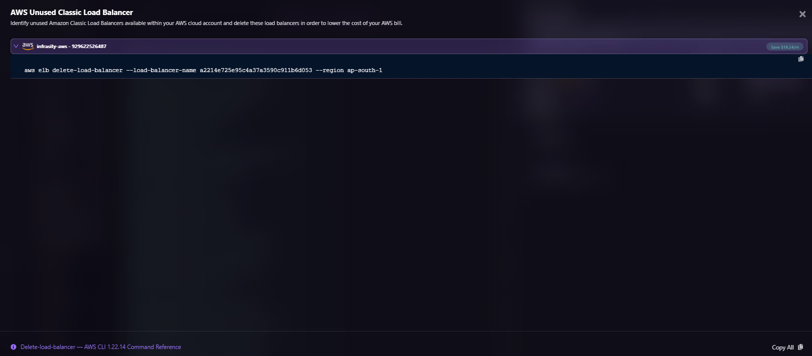 Firefly screen flagging an unused AWS Classic Load Balancer and generating the aws elb delete-load-balancer CLI command