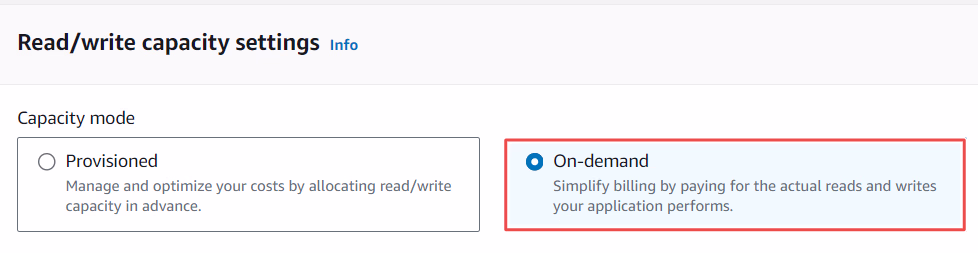 AWS DynamoDB table settings choosing on-demand read/write capacity and enabling deletion protection
