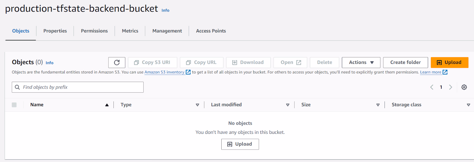 AWS S3 console Objects view of the empty production-tfstate-backend-bucket