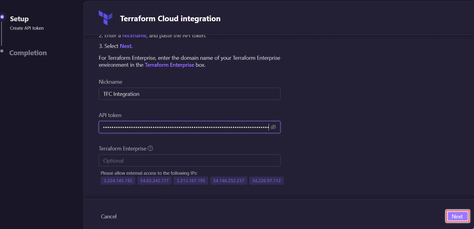 Firefly Terraform Cloud integration wizard entering token and organization details