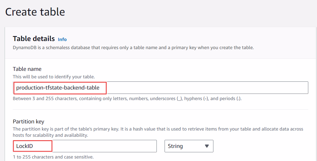 AWS DynamoDB Create table form with table name production-tfstate-backend-table