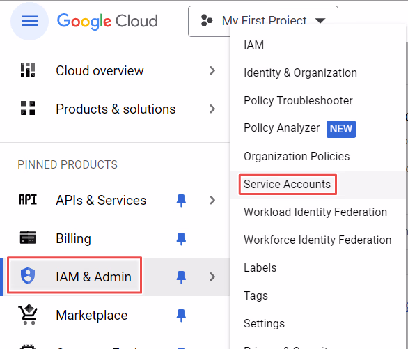 GCP IAM & Admin console menu highlighting the Service Accounts option