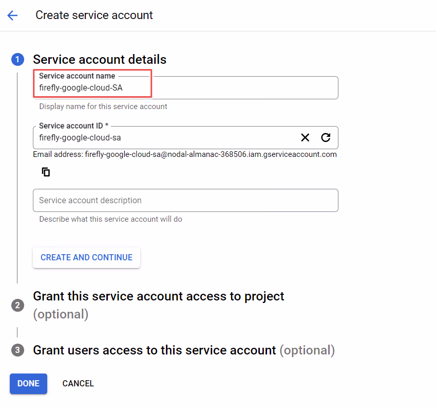 GCP Create service account form with name firefly-google-cloud-SA