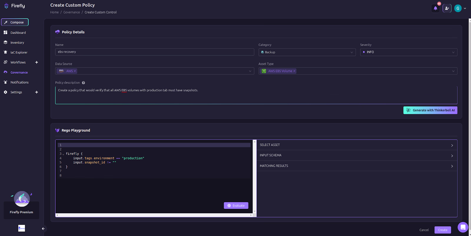 Firefly Create Custom Policy screen with policy details and a Rego Playground for authoring policy code