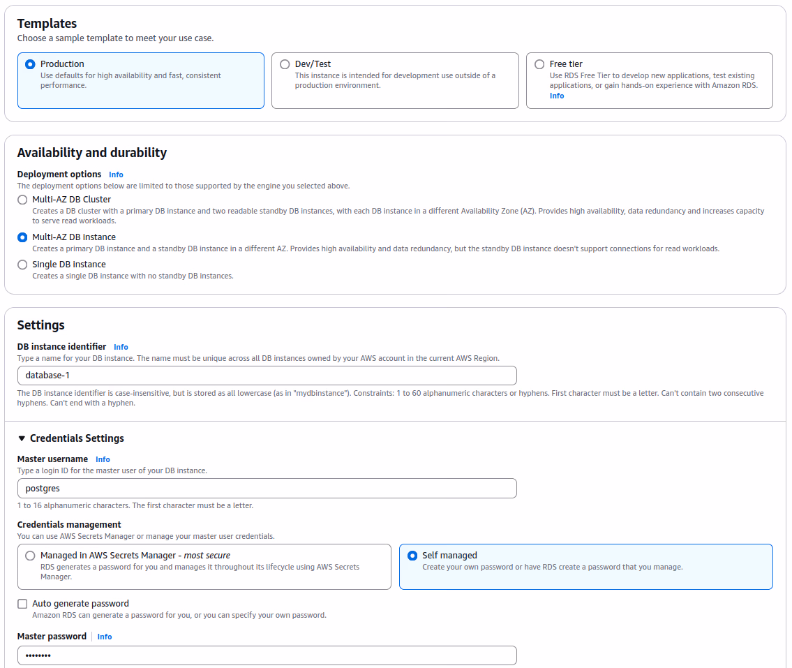 Amazon RDS create-database form: Production template, Multi-AZ availability options and credential settings
