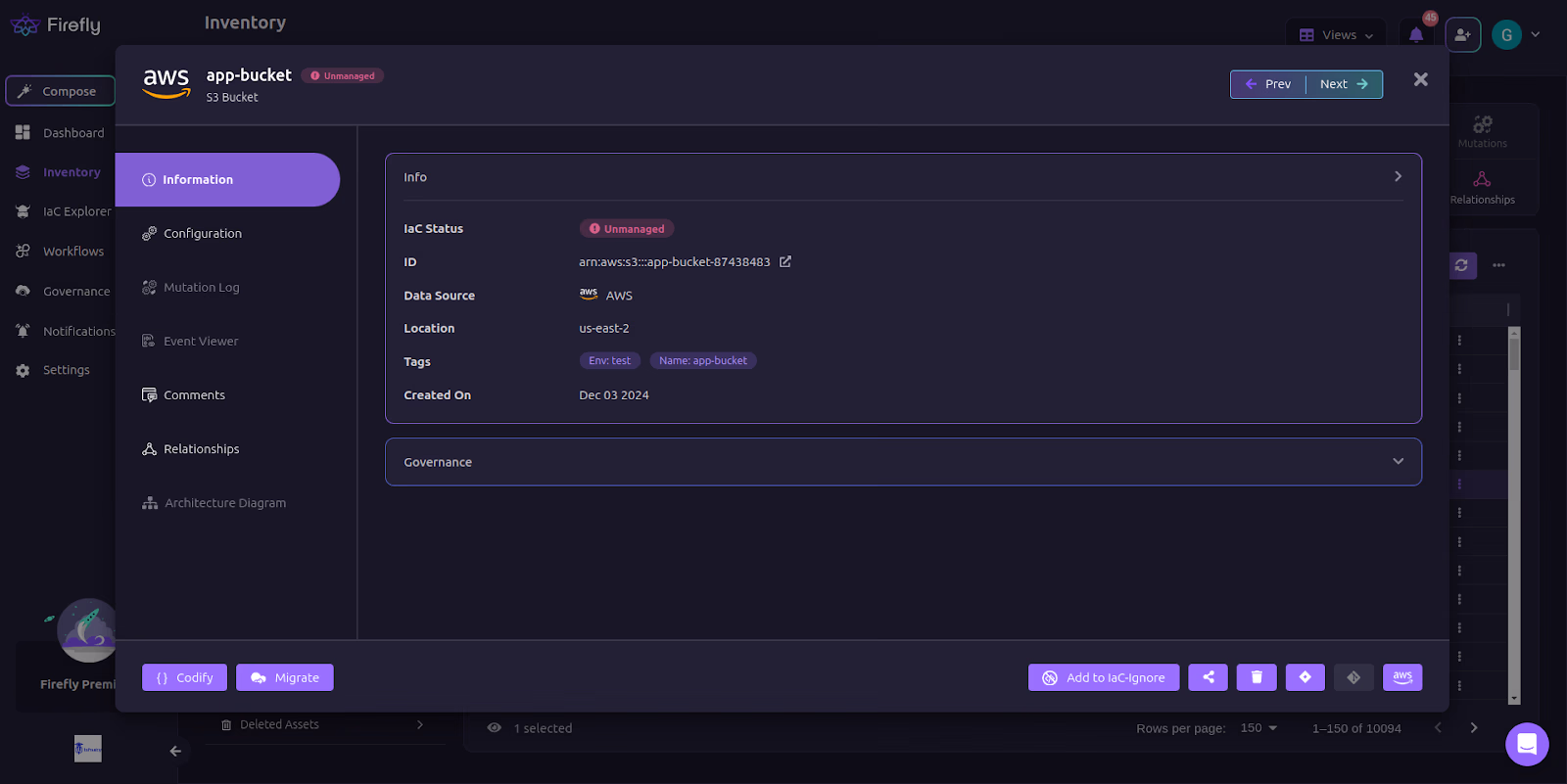 Firefly asset Information panel for an unmanaged AWS S3 bucket showing IaC status, ID, data source, location and tags