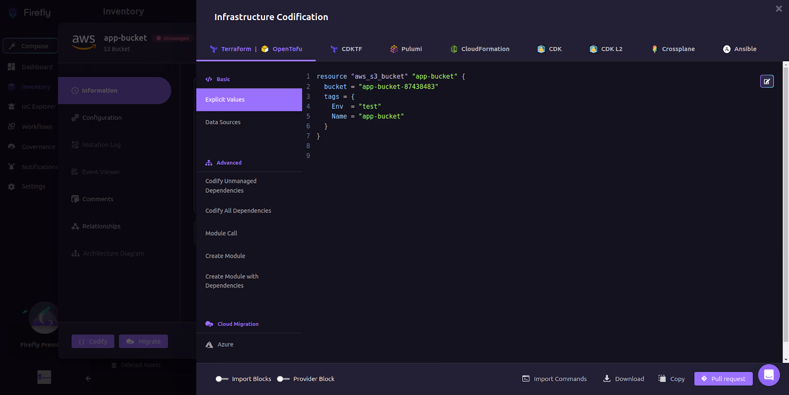 Firefly Infrastructure Codification panel generating OpenTofu/Terraform code for an aws_s3_bucket resource