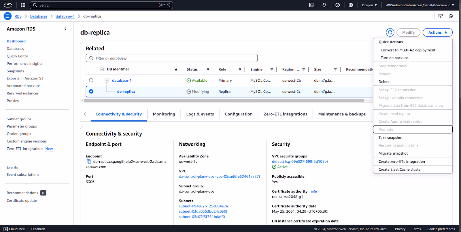 AWS RDS console showing the Actions menu to promote a read replica to a standalone primary database