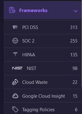 Firefly compliance Frameworks panel listing SOC 2, HIPAA, NIST, Cloud Waste, Google Cloud Insight and Tagging Policies with counts