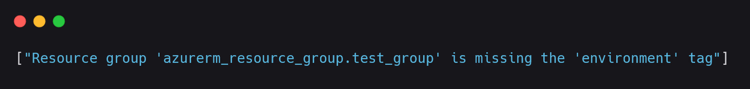 OPA policy output flagging that azurerm_resource_group.test_group is missing the required environment tag