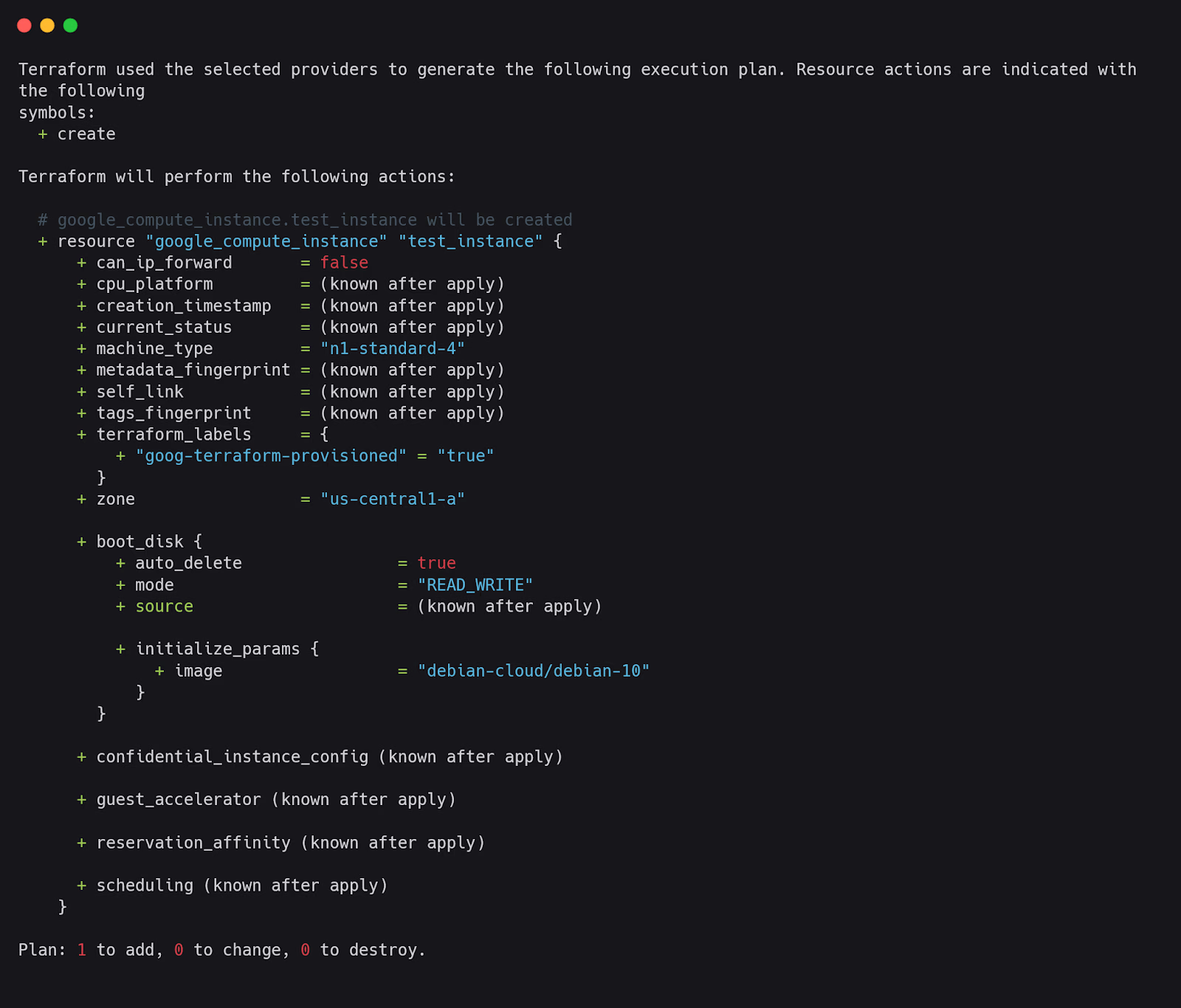 Terminal terraform plan output creating a google_compute_instance test_instance of machine type n1-standard-4