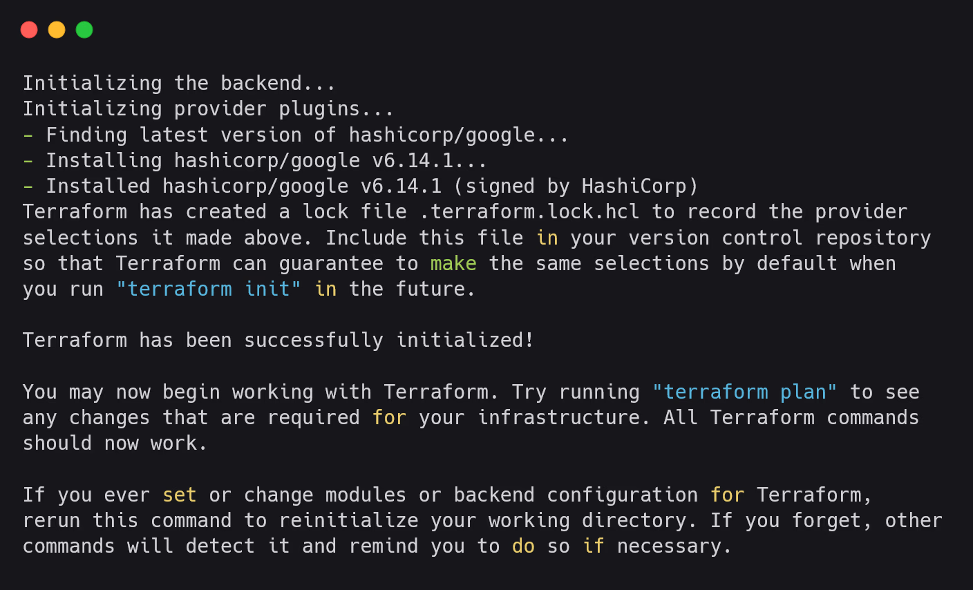 Terminal output confirming terraform init downloaded the Google Cloud provider plugins