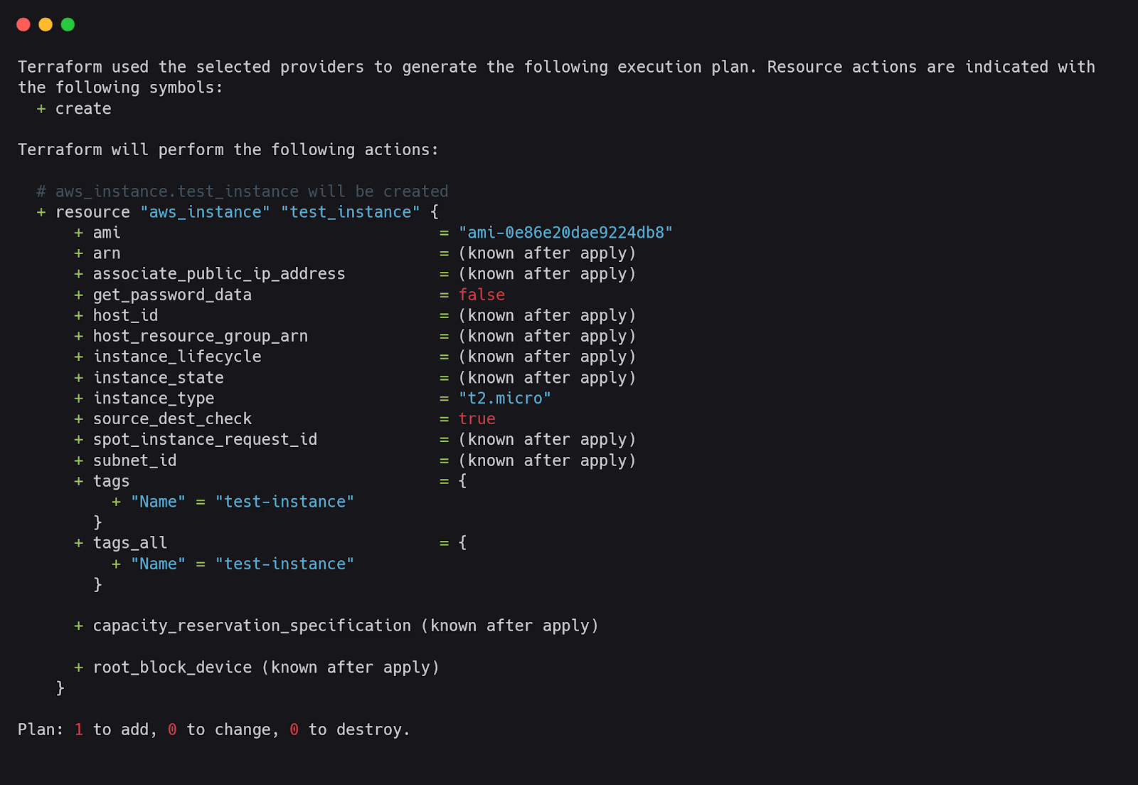 Terminal terraform plan output creating an aws_instance test_instance of type t2.micro