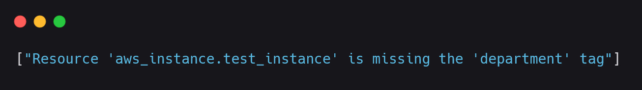 Terminal output showing an OPA policy error that the AWS EC2 instance is missing a required tag