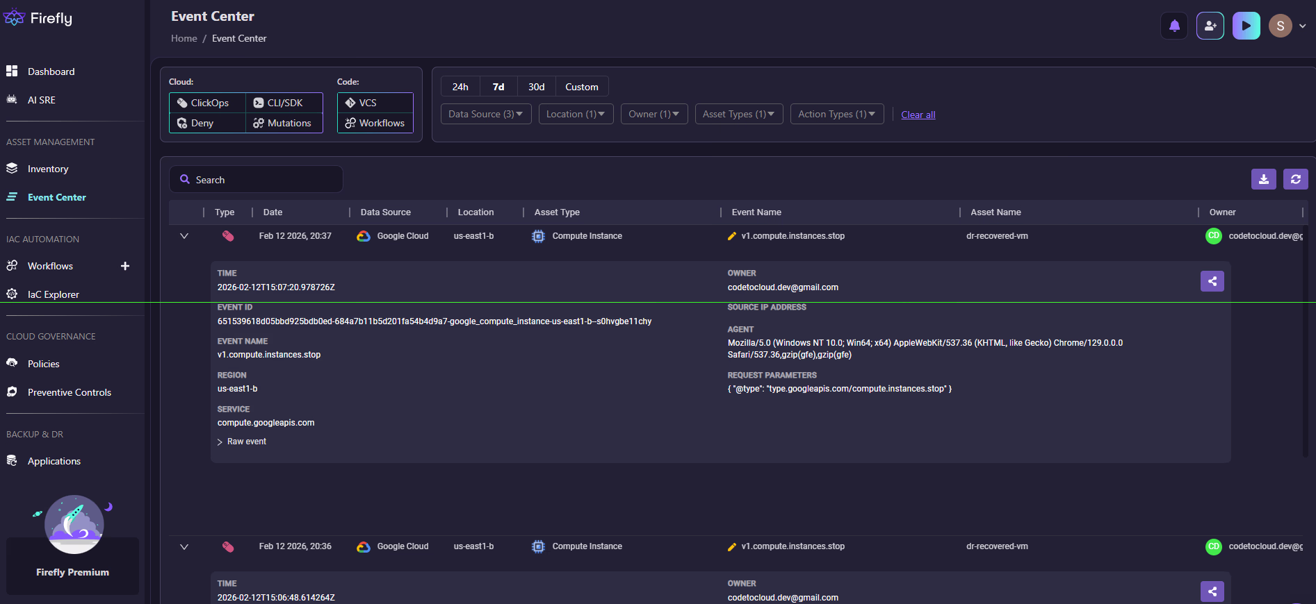 Firefly Event Center capturing a ClickOps compute.instances.stop event on dr-recovered-vm with actor and request details