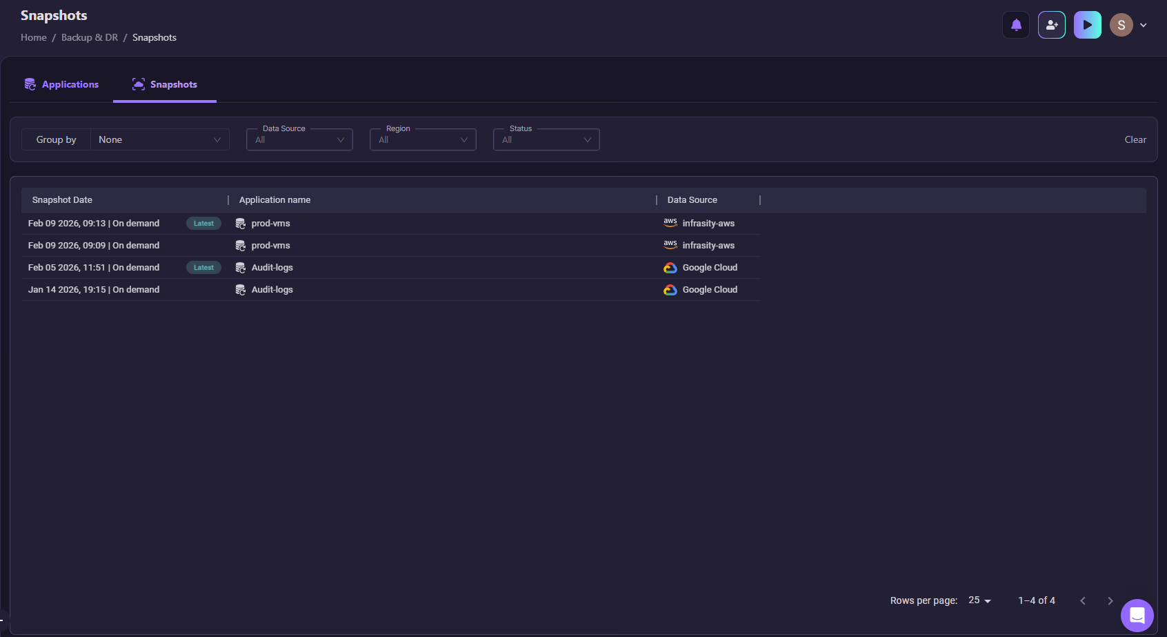 Firefly Snapshots list showing on-demand configuration snapshots for prod-vms and Audit-logs applications