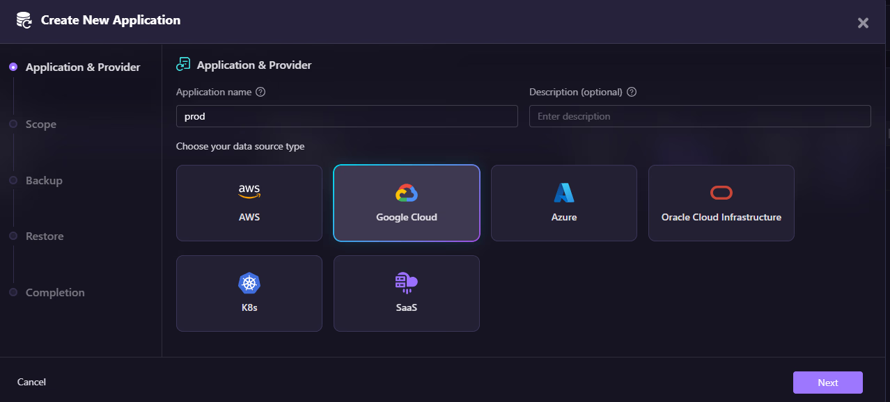 Firefly Create New Application dialog selecting Google Cloud as the data source for backup