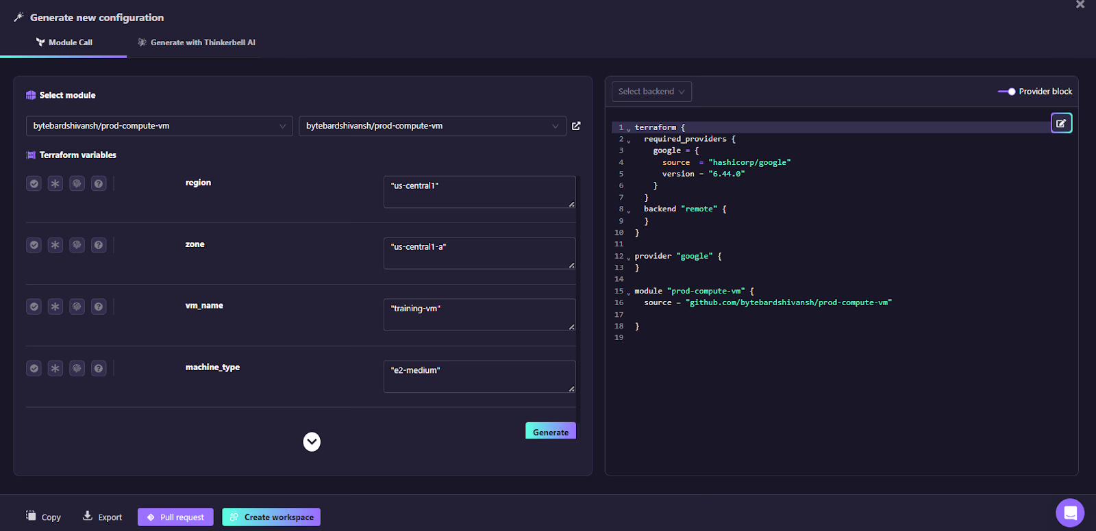Firefly Module Call configuration selecting a compute-vm module with Terraform variables and generated code