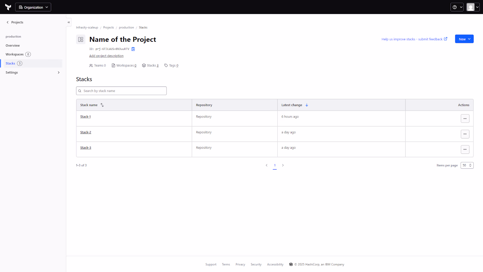 HCP Terraform project page listing three stacks with repository and latest change columns