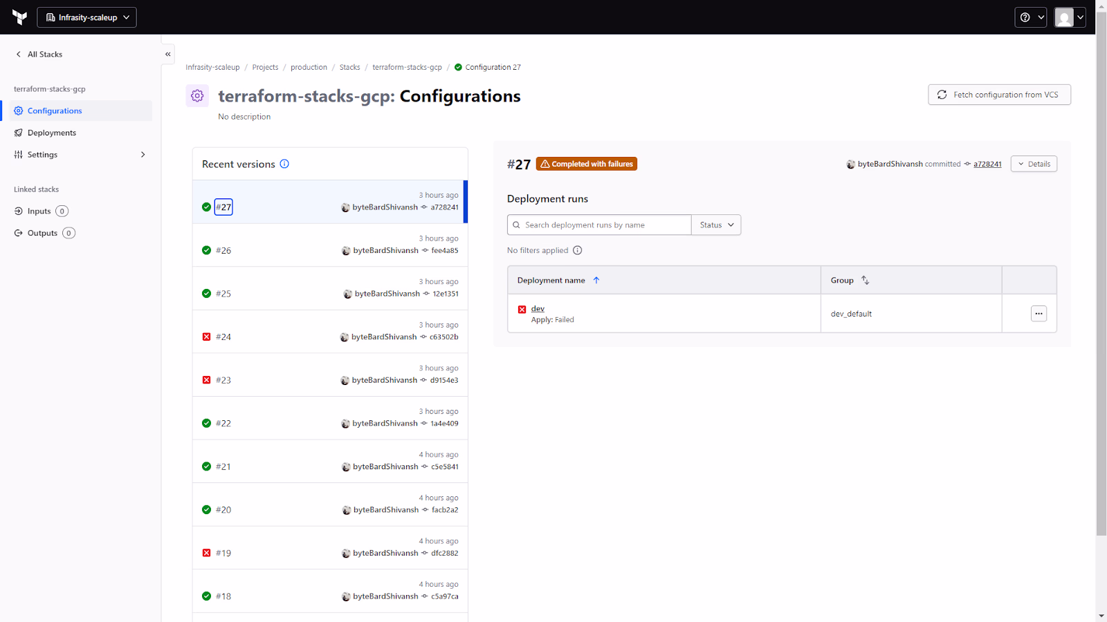 HCP Terraform stack configurations screen showing recent versions and deployment runs, one completed with failure