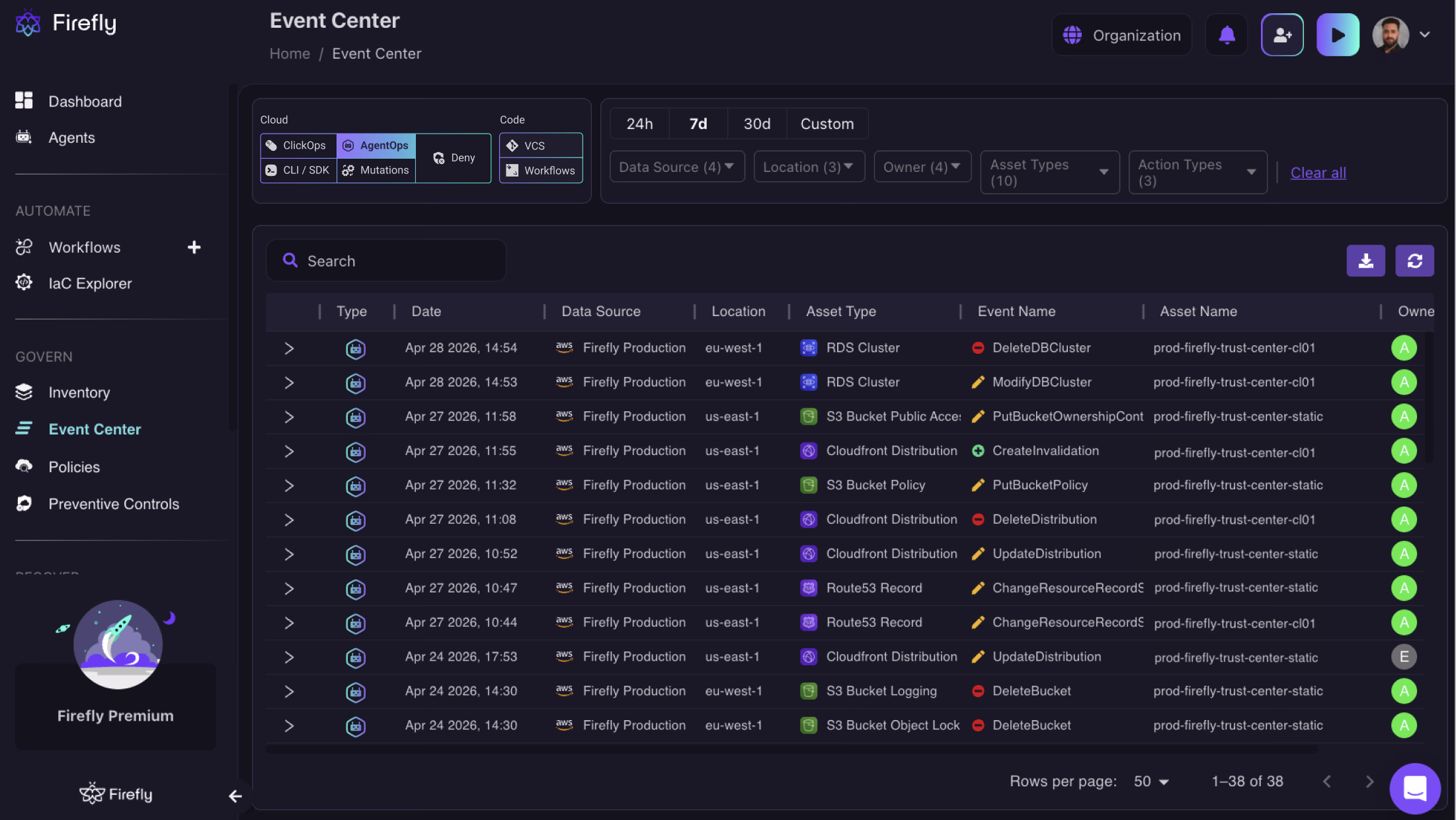Firefly Event Center filtered to AgentOps, showing a change timeline with type, date, data source, asset type and event name