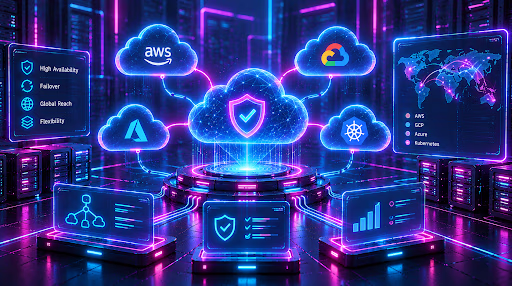 Neon illustration of a central cloud shield connected to AWS, Azure, GCP, and Kubernetes, representing multi-cloud resilience across providers